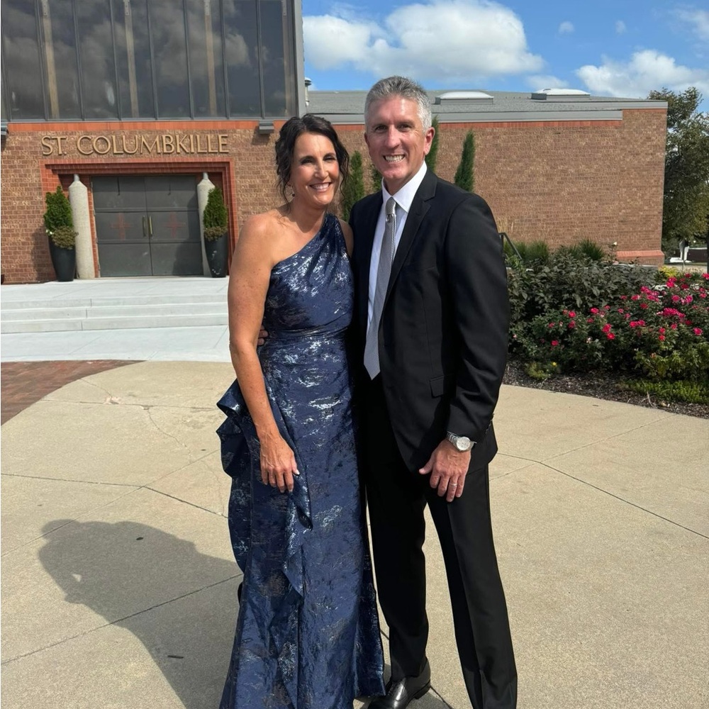 Teri Jon One-Shoulder Metallic Blue Dress - Picture 2 of 4